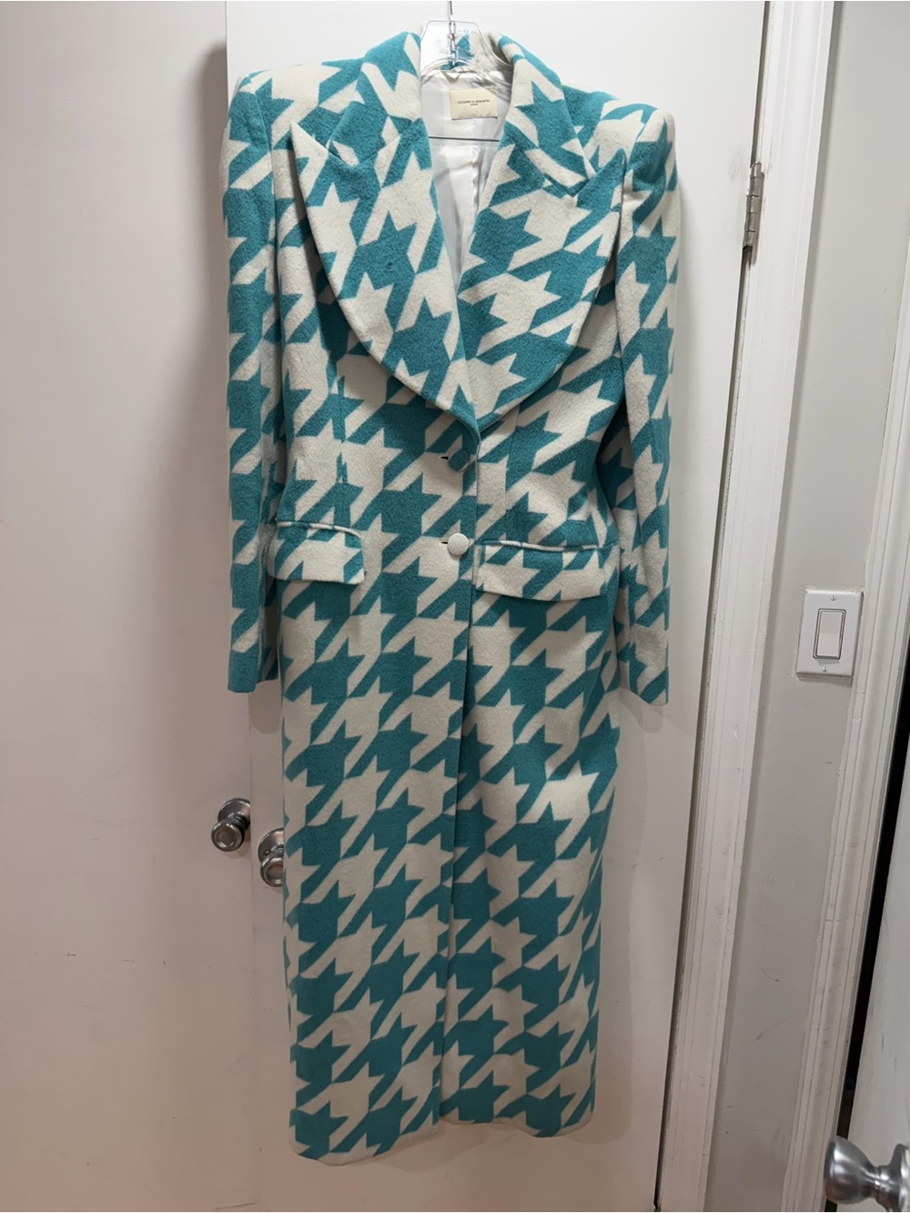 Teal & Cream Houndstooth Long Trench Coat